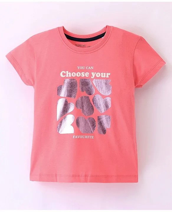 DoreMe Doreme Cotton Single Jersey Knit Half Sleeves T-Shirt Heart Print - Pink